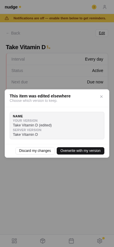 Nudge conflict resolution modal with a per-field diff
