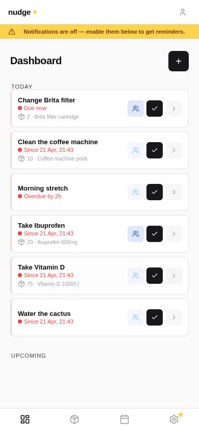 Nudge dashboard with four routines, one shared with a contact