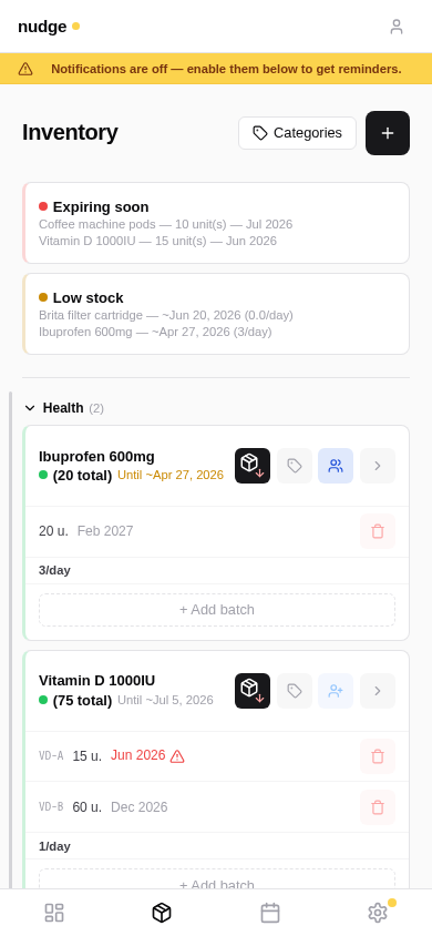 Nudge inventory with five stock items, one shared, and lot-level expiry dates