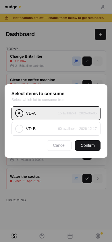 Nudge lot-selection modal showing two Vitamin D lots ordered by expiry date