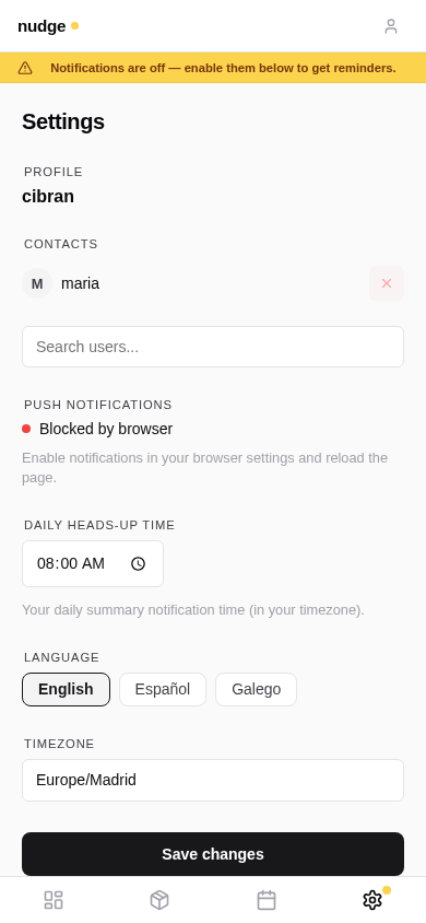 Settings: contacts, push, language, timezone