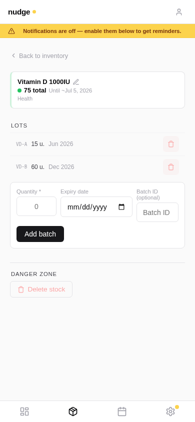 Stock detail with per-lot quantities and consumption audit
